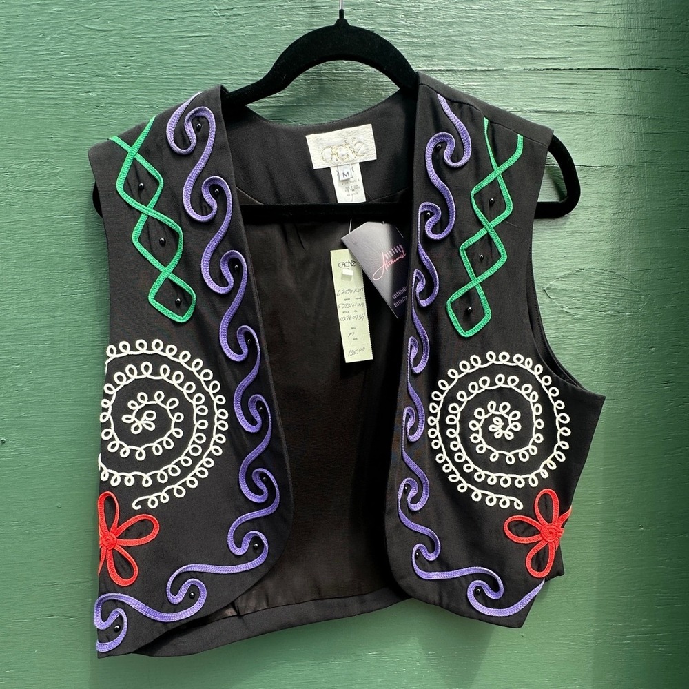 Vintage Cache Soutache Western embroider Vest 90s USA Made Sample Black Purple M